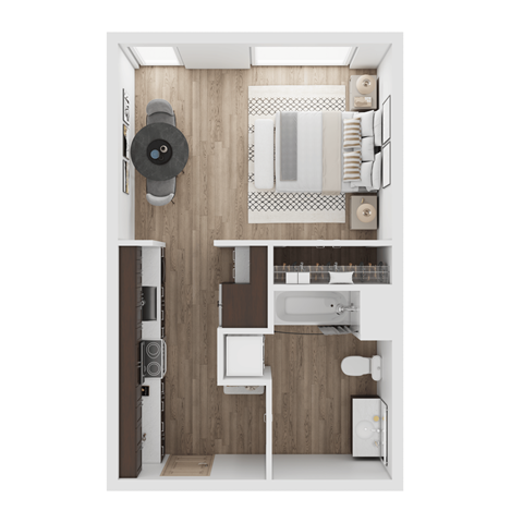 a stylized floor plan of a small apartment with a bedroom and living room